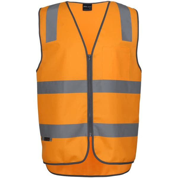An orange safety vest featuring grey reflective stripes and a front zip. It has one pocket and includes a logo.
