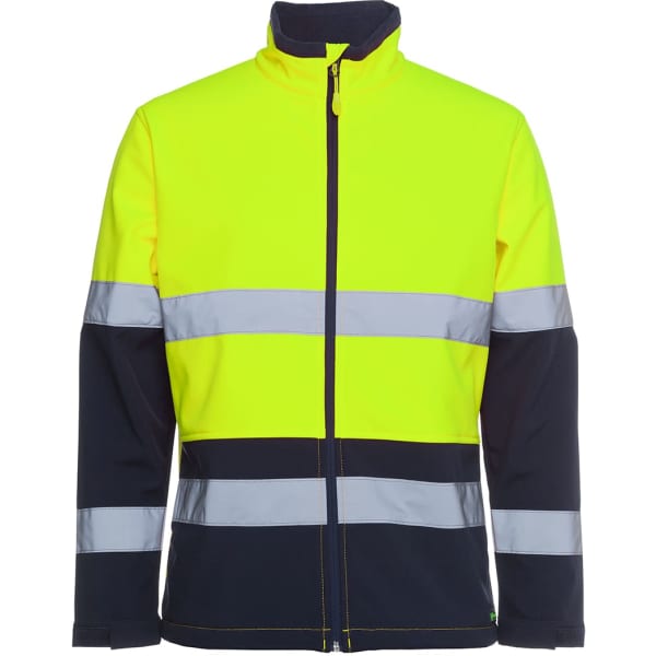 A high-visibility three-layer softshell jacket in bright yellow and navy, featuring reflective strips and a branded logo.