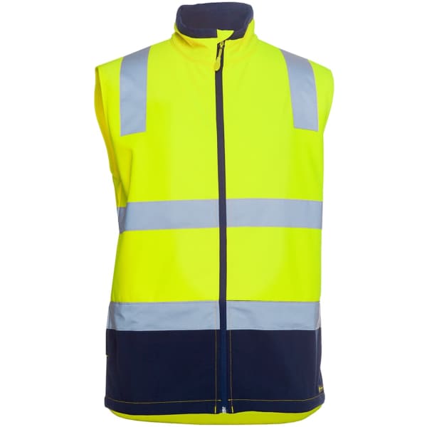 A high-visibility softshell vest in bright yellow and navy, featuring reflective strips and a zip front.