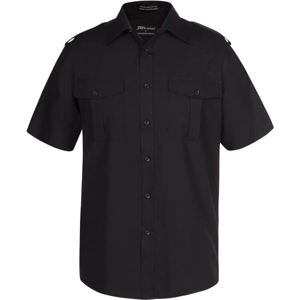 A black short-sleeved shirt with two chest pockets and a collar, featuring a logo on the collar.