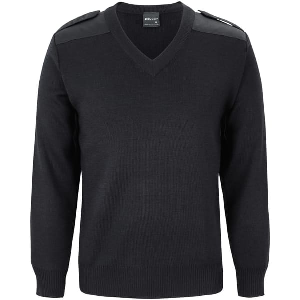 A black jumper with a V-neck and epaulette detail on the shoulders, featuring long sleeves and ribbed cuffs.