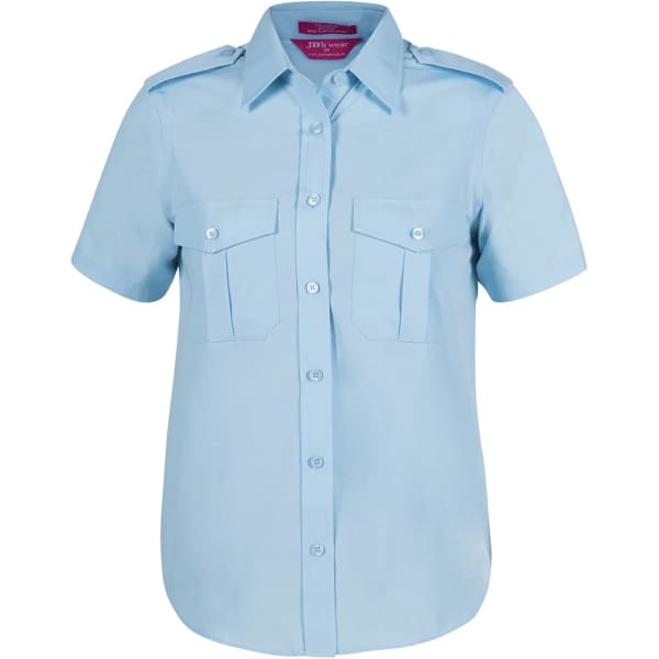 A light blue short-sleeve shirt featuring epaulettes and two chest pockets, with a logo.