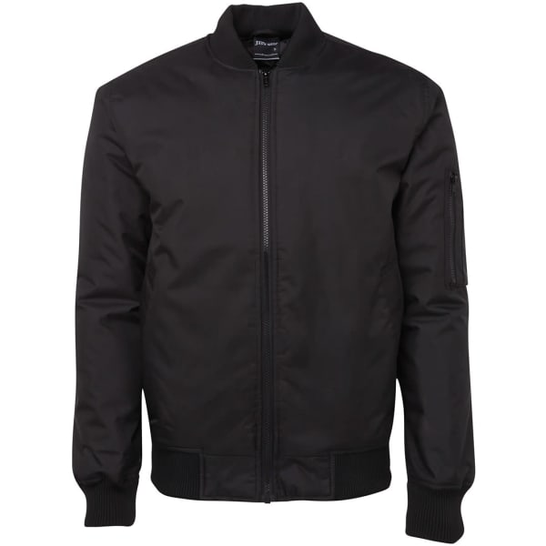 A black bomber jacket with a front zip, ribbed hem, and a sleeve pocket. It has a logo on the collar.