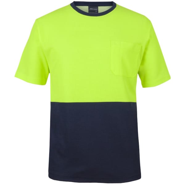 A high-visibility cotton back tee in bright yellow with a navy blue lower section and a front pocket.