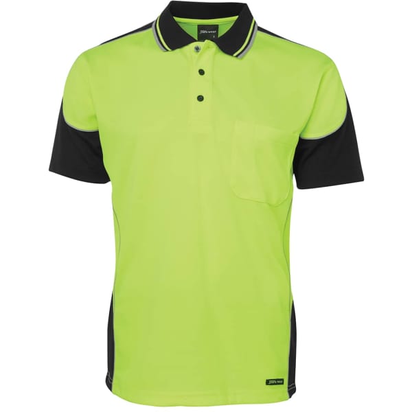 A bright lime green polo shirt with black contrast piping and a pocket. The shirt features a collar and logo branding.