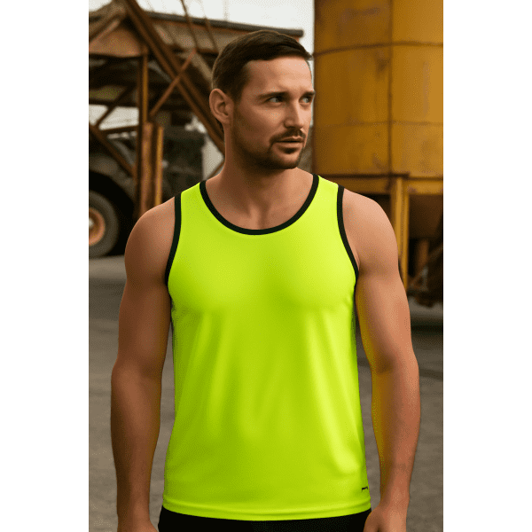 A neon yellow singlet with black trim, featuring a logo on the front, displayed by a model outdoors.