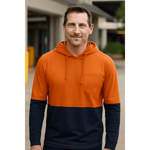An orange and navy long-sleeve cotton tee with a hood, featuring a front pocket and a logo.