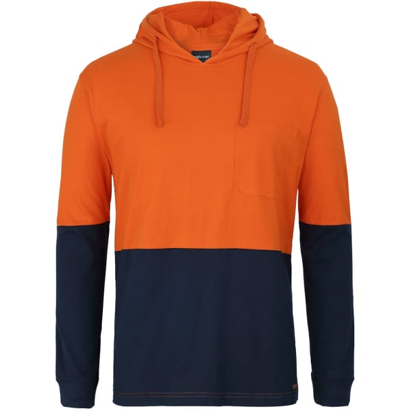 An orange and navy hooded long-sleeve cotton tee with a pocket and a logo.
