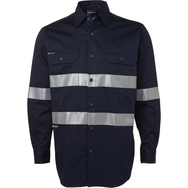 A navy blue long-sleeved shirt with silver reflective stripes and front pockets, featuring a logo on the chest.
