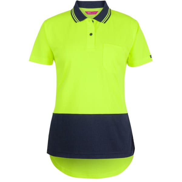 A bright yellow short-sleeve polo shirt with a navy blue hem and pocket, featuring a logo.