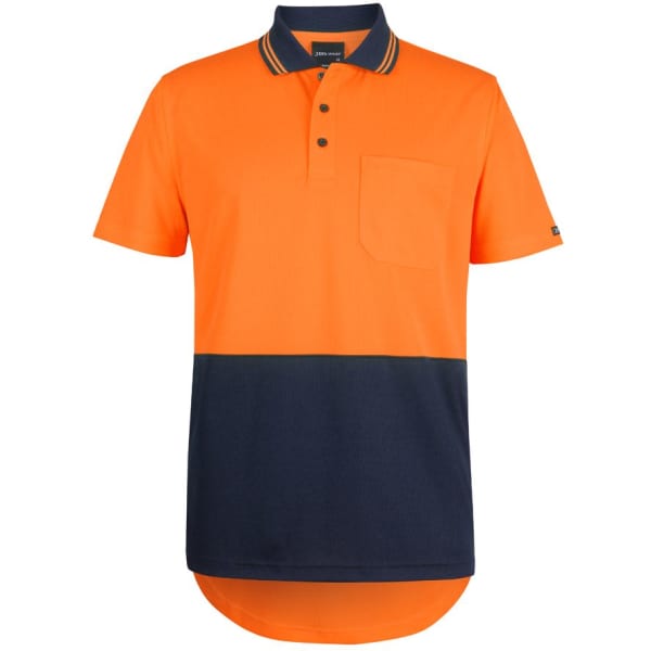 An orange and navy short-sleeve polo shirt with a drop tail design and a chest pocket, featuring a logo.