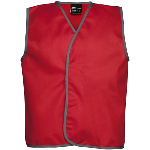 A red tricot vest with grey trim and a wrapped design. It features a logo on the inside label.