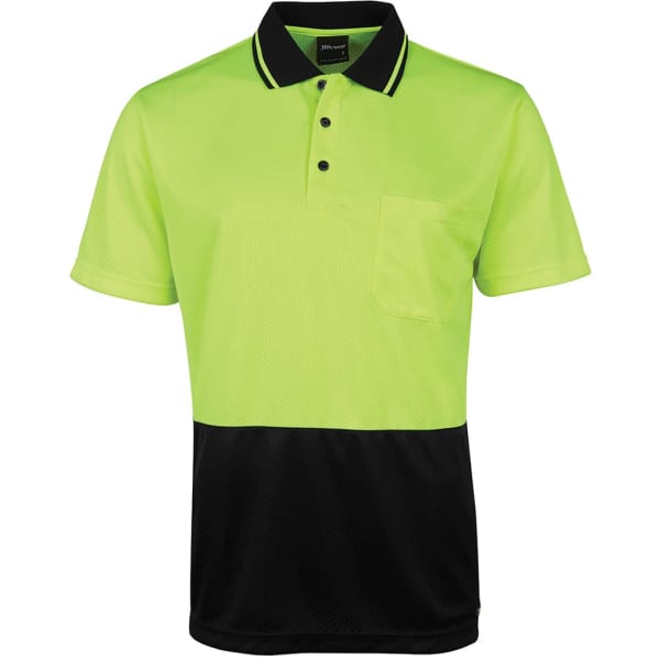 A bright yellow-green polo shirt with a black bottom and a pocket, featuring a collar and three buttons.