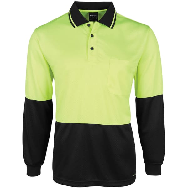 A long-sleeve polo in bright yellow and black, featuring a collar and a front pocket. Branding is present.