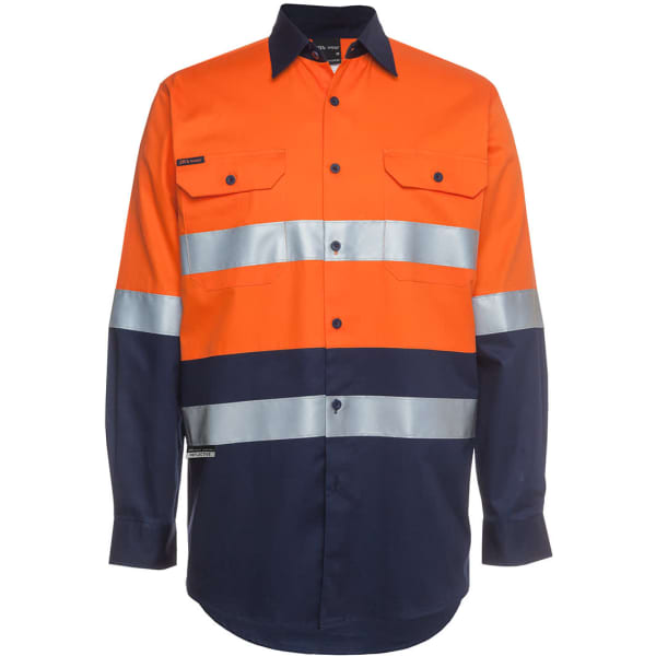 A long-sleeve shirt in orange and navy blue with reflective stripes and pockets. Features a logo on the fabric.
