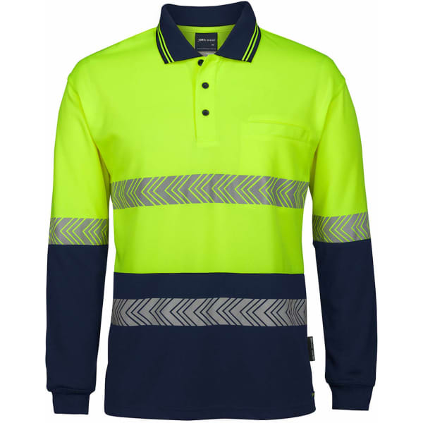 A long-sleeve polo shirt in bright yellow and navy, featuring reflective segmented tape and a chest pocket.