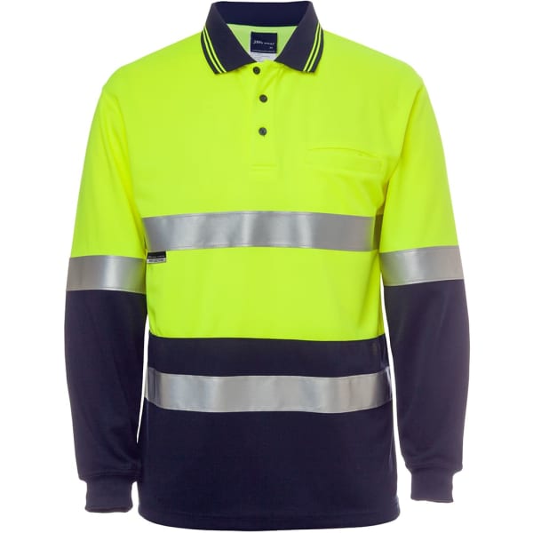 A long-sleeve polo shirt in high visibility yellow and navy, featuring reflective stripes and a logo.