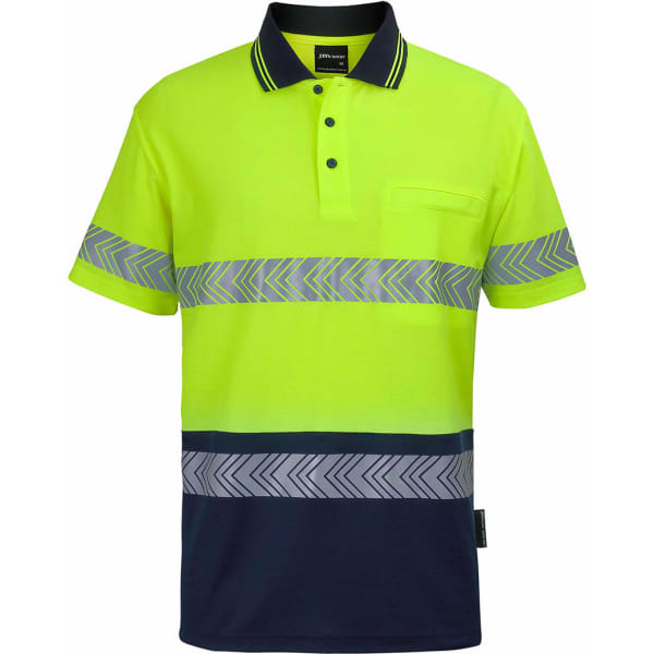 A lime and navy polo shirt featuring segmented reflective tape and a chest pocket. The shirt has a logo.