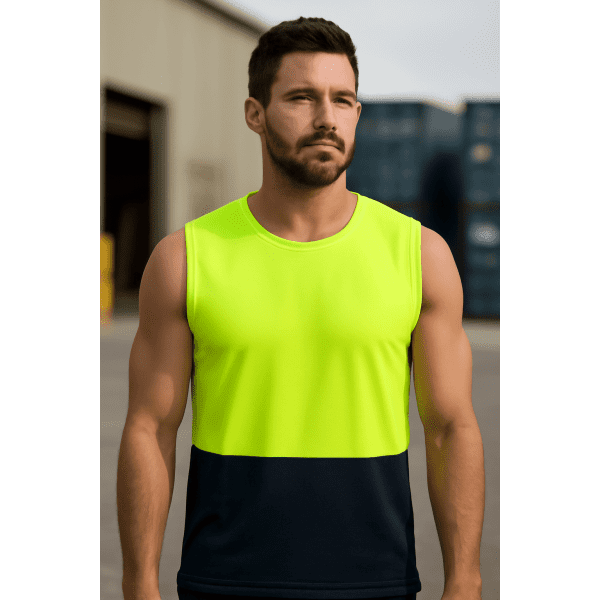 A lime green and navy muscle top designed for safety wear, featuring a logo on the chest area.