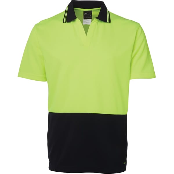 A short-sleeved polo shirt featuring a high-visibility yellow upper and navy blue lower section. Includes a logo.