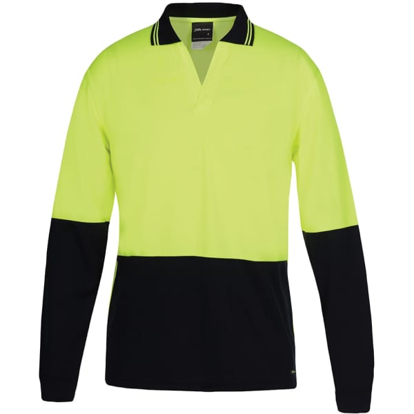 A long-sleeved polo shirt in lime green and navy, featuring a contrasting design and a logo.