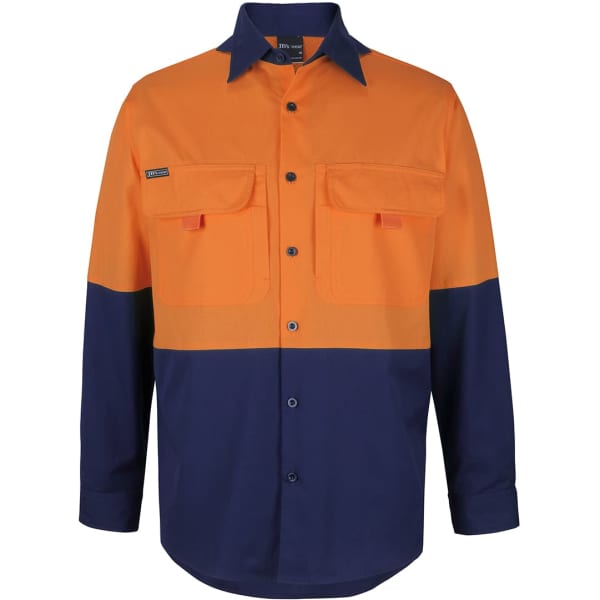 A long-sleeve fishing shirt in orange and navy blue with two chest pockets and a branding logo.