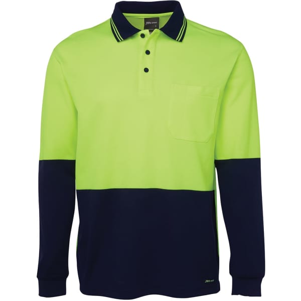 A long-sleeve polo shirt featuring a vibrant lime green top and navy blue bottom, with a pocket and a logo.