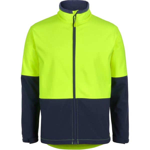 A bright yellow and navy three-layer softshell jacket featuring a zip front and high collar. It has a logo.