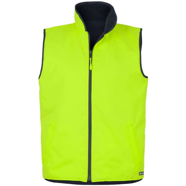 A high-visibility reversible vest in bright yellow and navy, featuring a zip front and two side pockets.