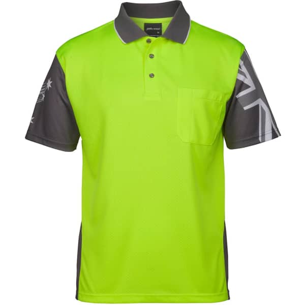 A short-sleeved polo shirt in high visibility lime green with grey accents and a pocket. It features a logo on the sleeve.