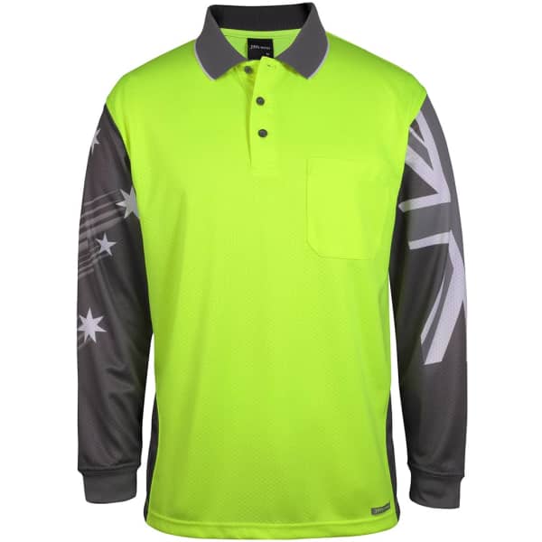 A long-sleeve polo in high-visibility yellow with grey sleeves featuring a logo.