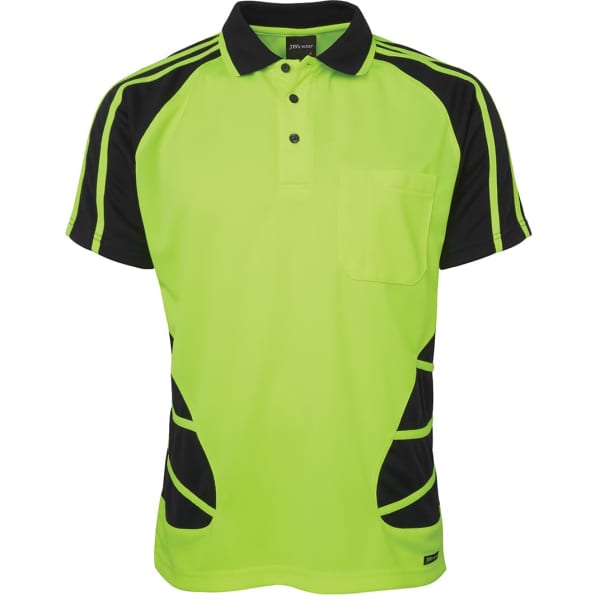 A bright lime green and black polo shirt with short sleeves and a pocket. Features a logo or branding.