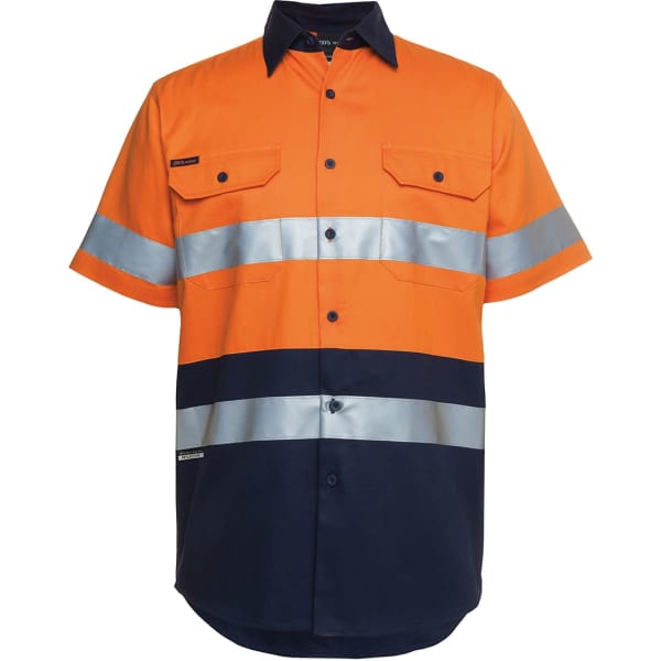 An orange and navy short-sleeve shirt with reflective strips and a logo on the chest.