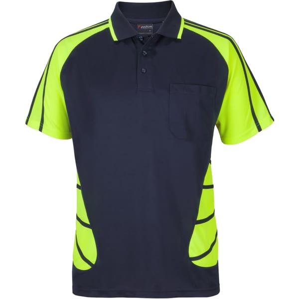 A short-sleeved polo shirt featuring navy and high-visibility yellow colours, with a pocket and a branding logo.