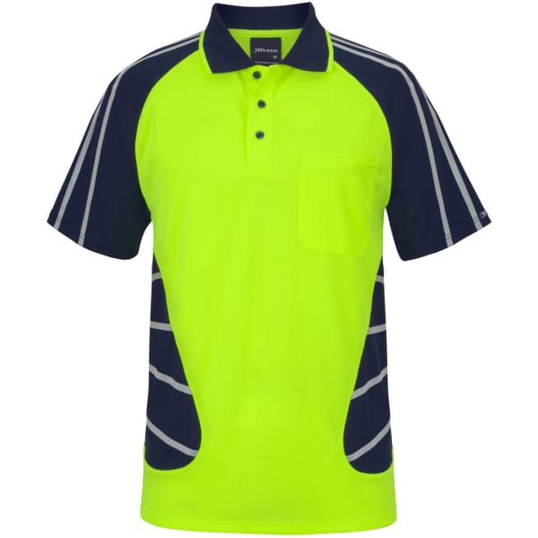 A bright yellow and navy polo shirt with reflective stripes and a pocket. It features a logo on the upper chest.