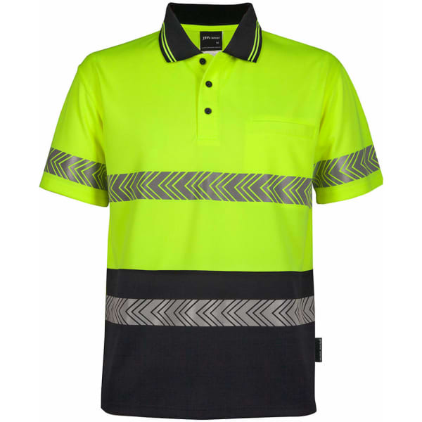 A high-visibility polo shirt in bright yellow with black segmented stripes and reflective patterns. Features a pocket and brand logo.