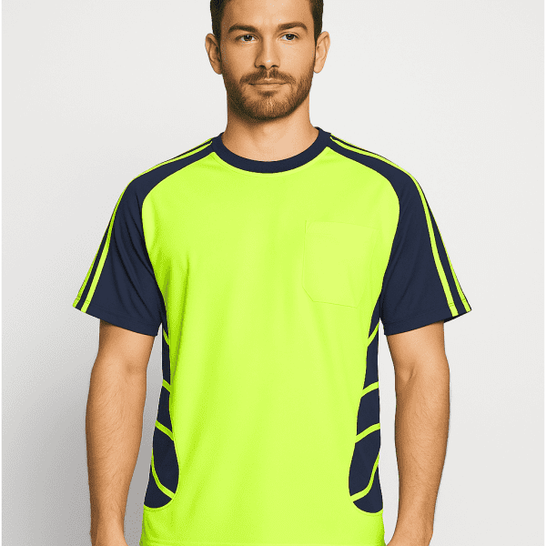 A sporty t-shirt in bright yellow with navy blue accents and a pocket, featuring a logo.