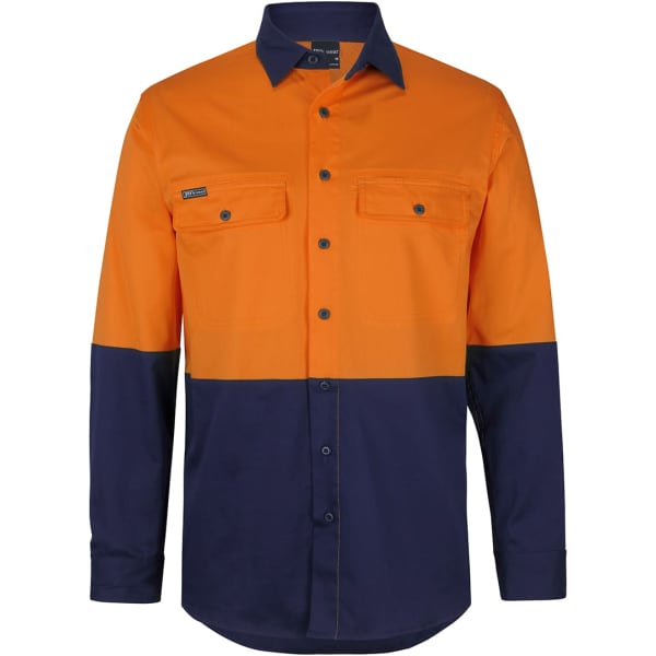 An orange and navy long-sleeve work shirt with two front pockets and a logo on the chest.