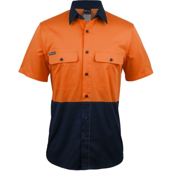 An orange and navy short-sleeve work shirt featuring two chest pockets and a branded logo.