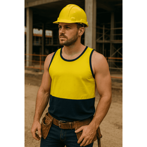 A sleeveless yellow and navy singlet worn by a man, complemented by a yellow hard hat and a construction site background.