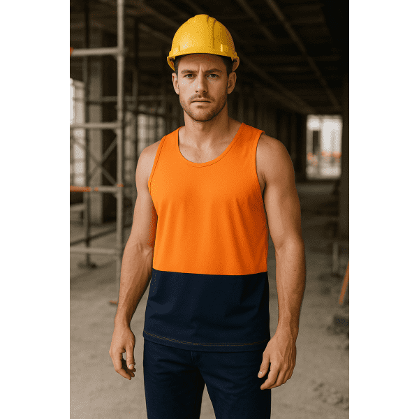 A sleeveless singlet in bright orange and navy blue, featuring a logo, worn by a man wearing a yellow hard hat.