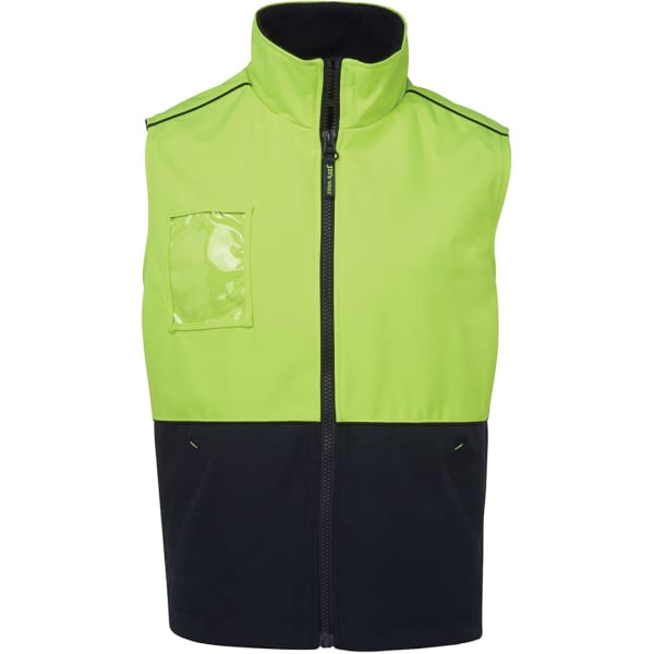 A high-visibility vest in fluorescent yellow-green with a navy blue bottom and a chest pocket. Features a zipper front.