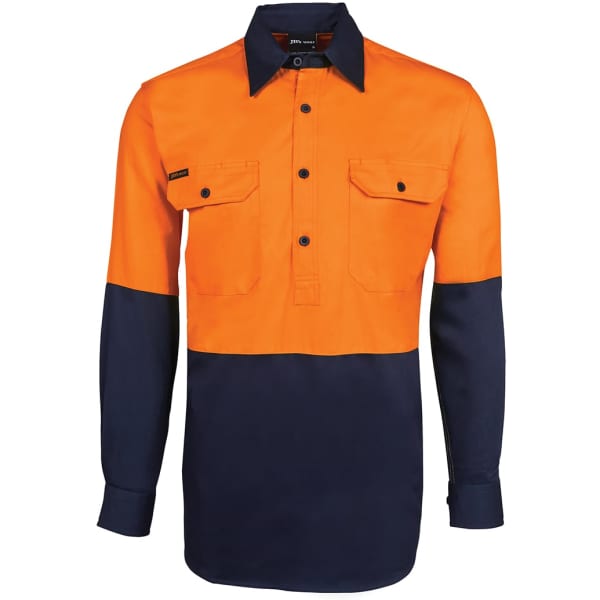 An orange and navy long-sleeve shirt featuring two chest pockets and a logo.