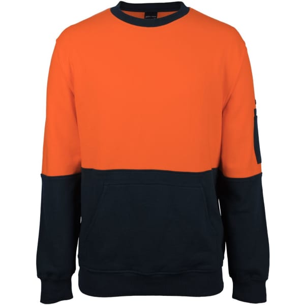 An orange and navy crew neck fleece sweatshirt with a logo and a front pocket.