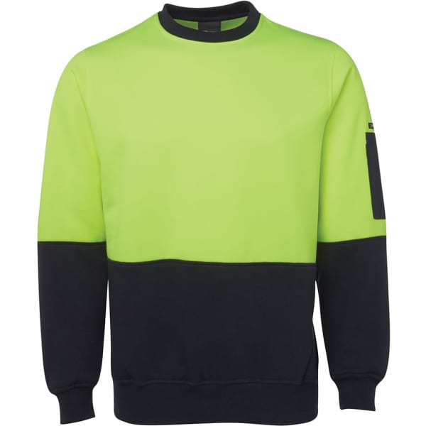 A high-visibility crew sweatshirt in bright lime green and navy, featuring a logo and a pocket on the sleeve.