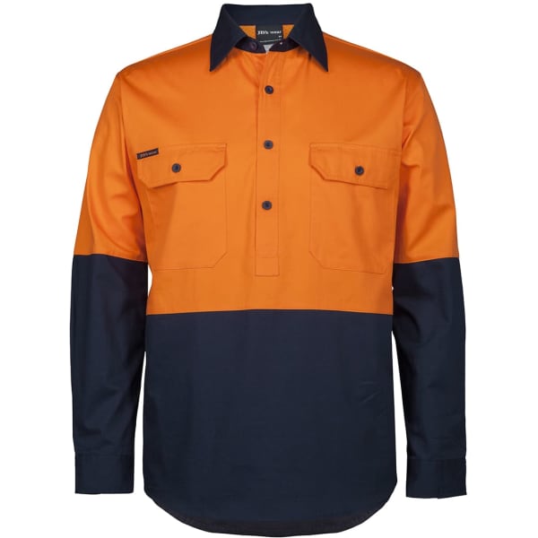An orange and navy long-sleeve work shirt featuring two chest pockets and a logo.