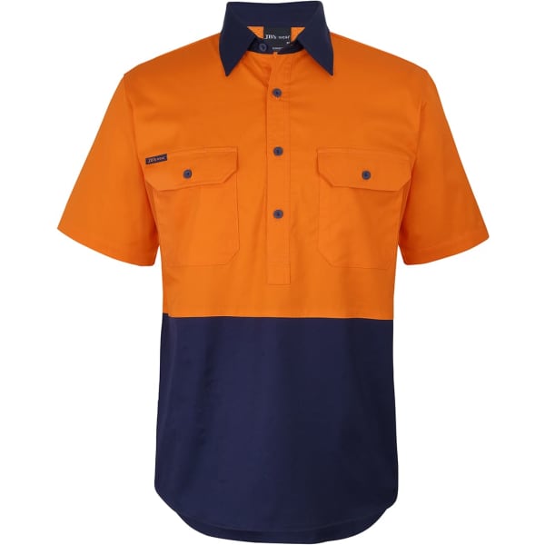An orange and navy short-sleeve work shirt with a front placket and two chest pockets. Logo featured.