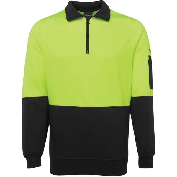 A fleecy half-zip pullover in high-visibility lime green and black, featuring a logo on one sleeve.