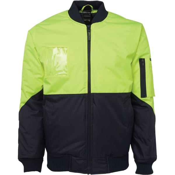 A hi-vis flying jacket in bright yellow-green with navy blue accents, featuring pockets and a logo.