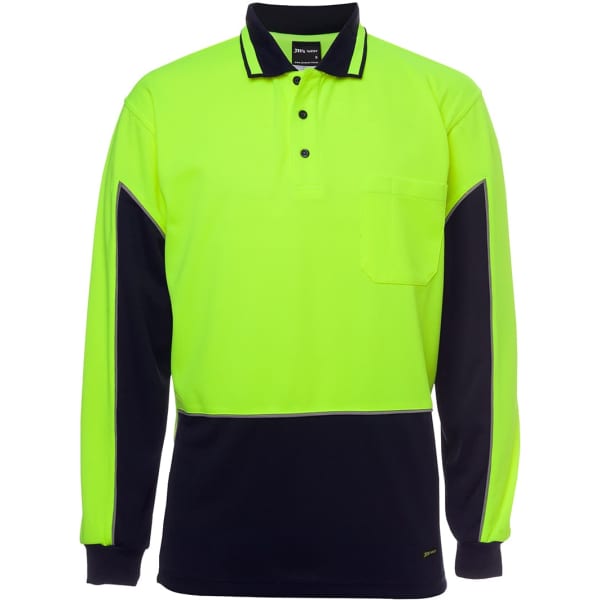 A long-sleeve polo shirt in bright yellow and navy with a pocket and a logo.